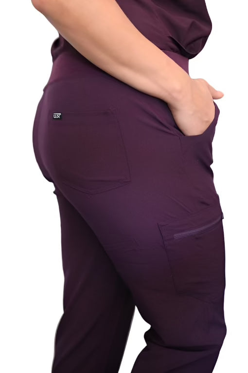 Lux Scrubs eggplant dark purple scrub jogger pants  with zippered pockets 