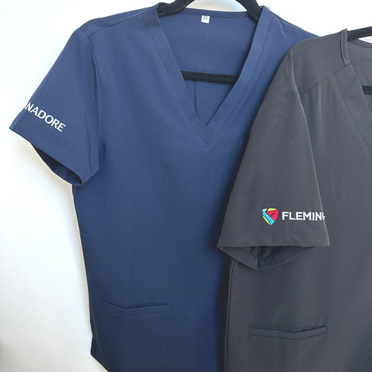 Navy Blue Lux Scrub Top & Lux Scrub Black top with custom embroidery 