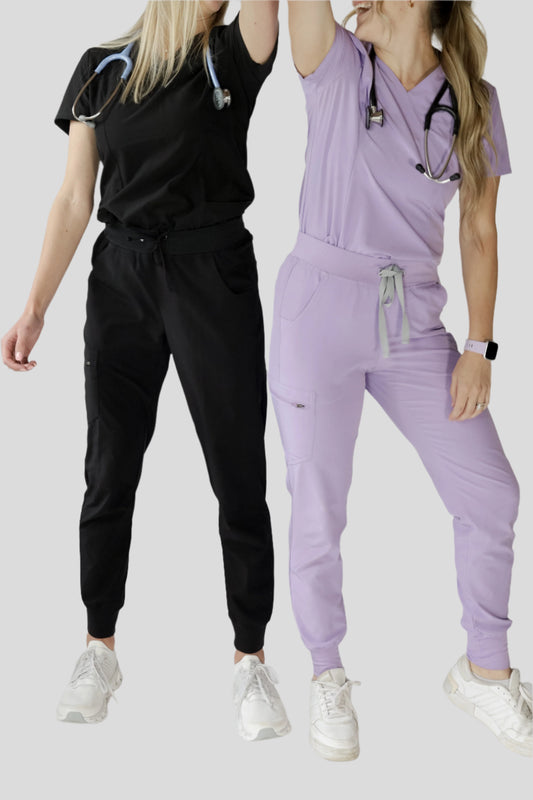 black and lilac scrub set