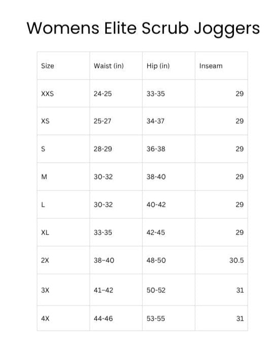 Womens Elite Scrub Joggers size chart on a white background