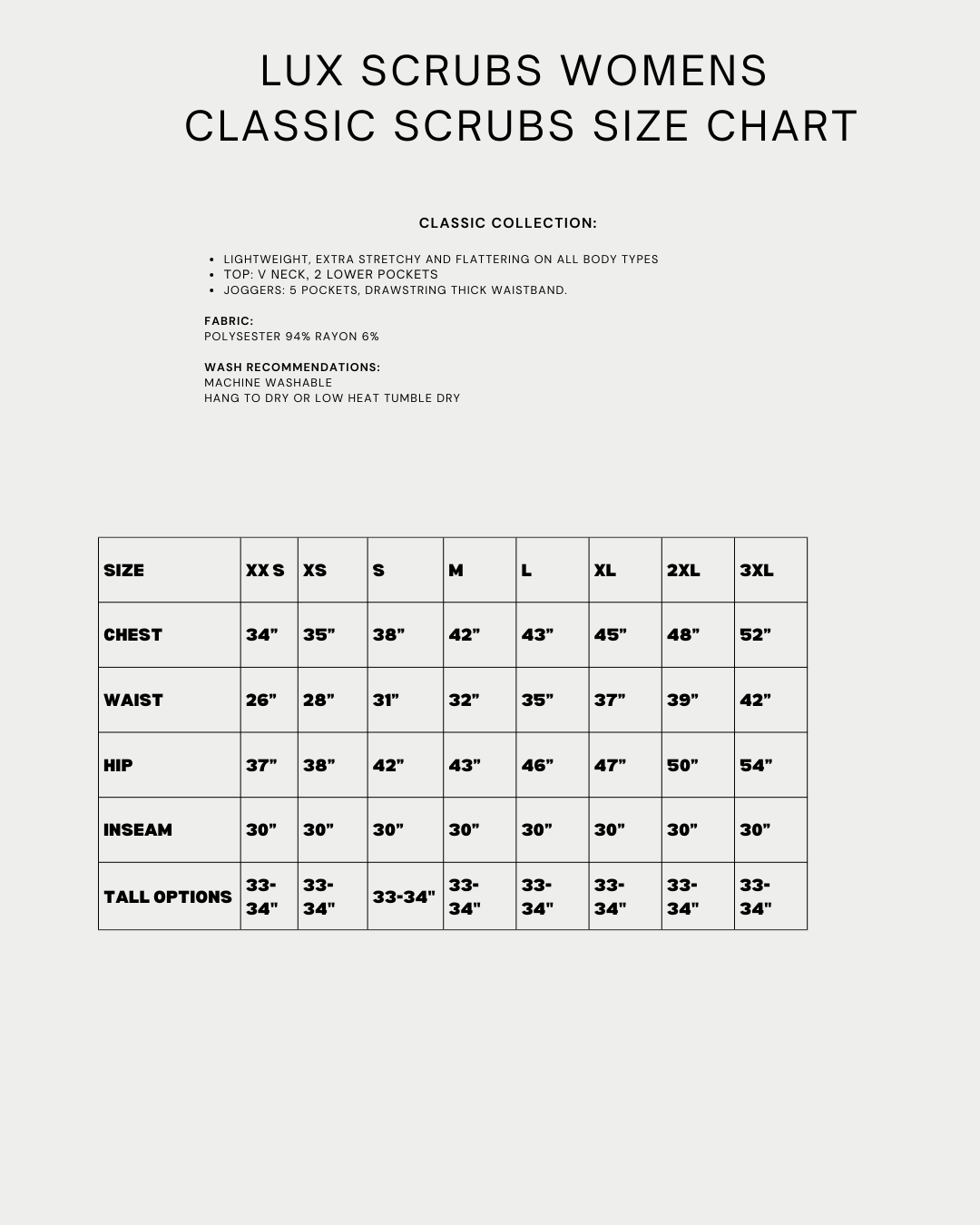 Lux Scrubs Womens size chart for scrub joggers 